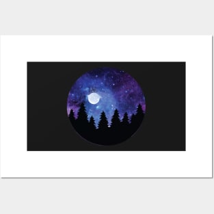 Night sky, Pine tree, Galaxy, Forest, Full Moon, Camping Posters and Art
